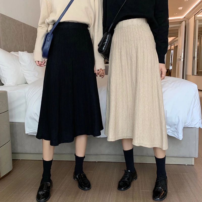 

Rimocy Spring Autumn Women's Knitted Skirts 2022 Elegant High Waist A-line Skirts Woman Solid Color Loose Midi Faldas Female