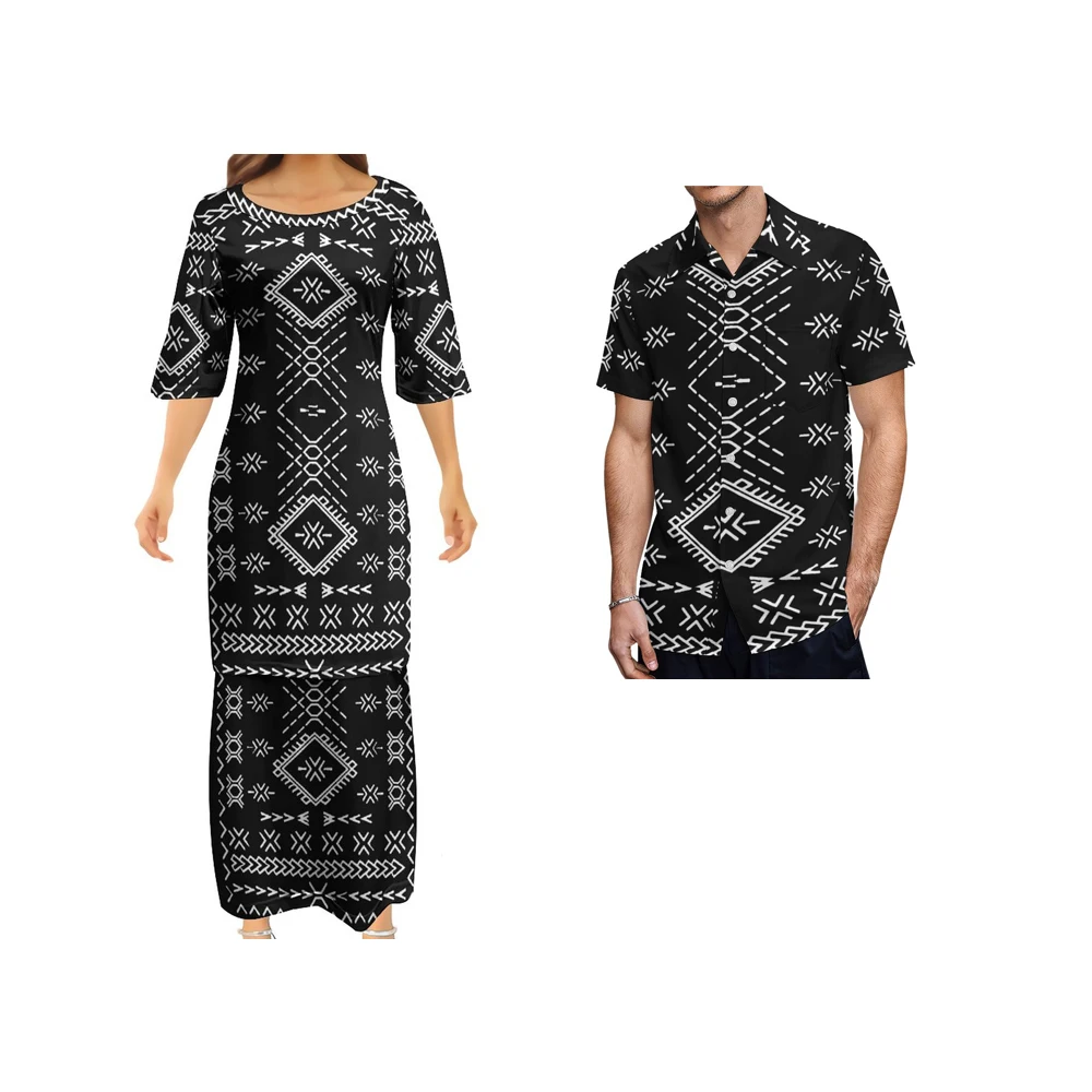 

Samoan Puletasi Polynesian Tattoo Pattern Women Dresses lady Design Dress Matching Men's Short-Sleeved Shirts Couple Suit