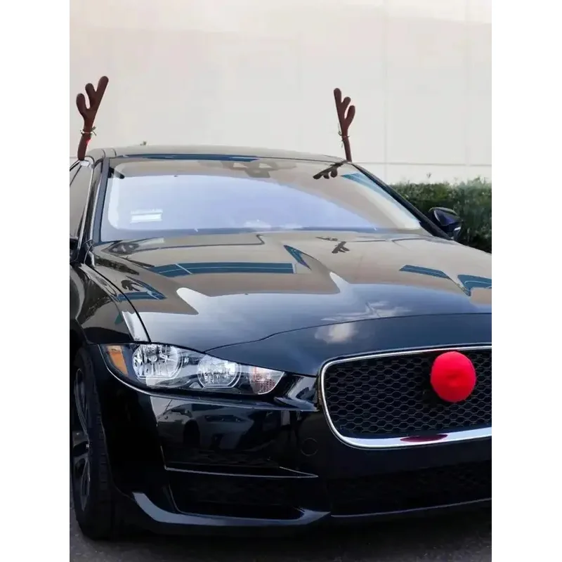 2026 Winter New Christmas Reindeer Antler Car Decoration Kit – Rudolph Red Nose + Jingle Bells, Festive Auto Accessory Gift.