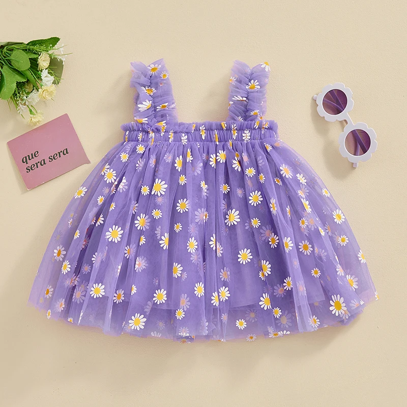 FOCUSNORM 1–5 Jahre Sommer-Kleid für Kleinkinder, Kinder, Mädchen, ärmellos, Träger, Blumen, Tüll, Netzstoff, Tutu, Sommerkleid – Detail 9