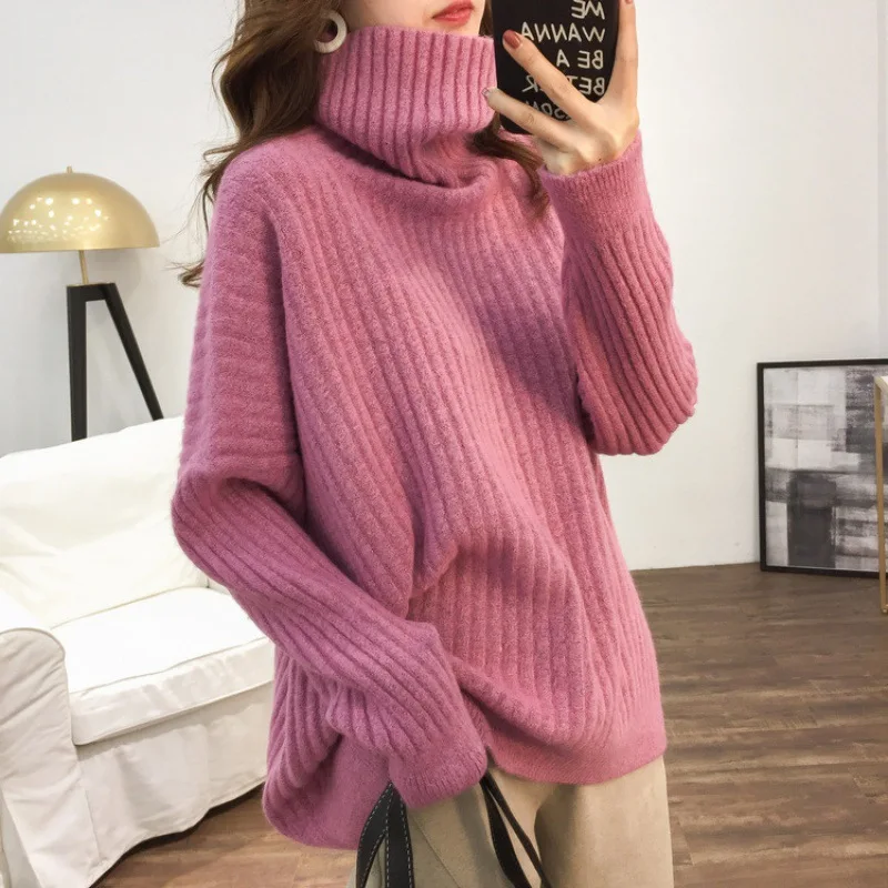 

Korean-Style Soft Glutinous Pullover Sweater Sunken Stripe Retro Top Women Autumn Winter New Solid Turtleneck Sweater Women's