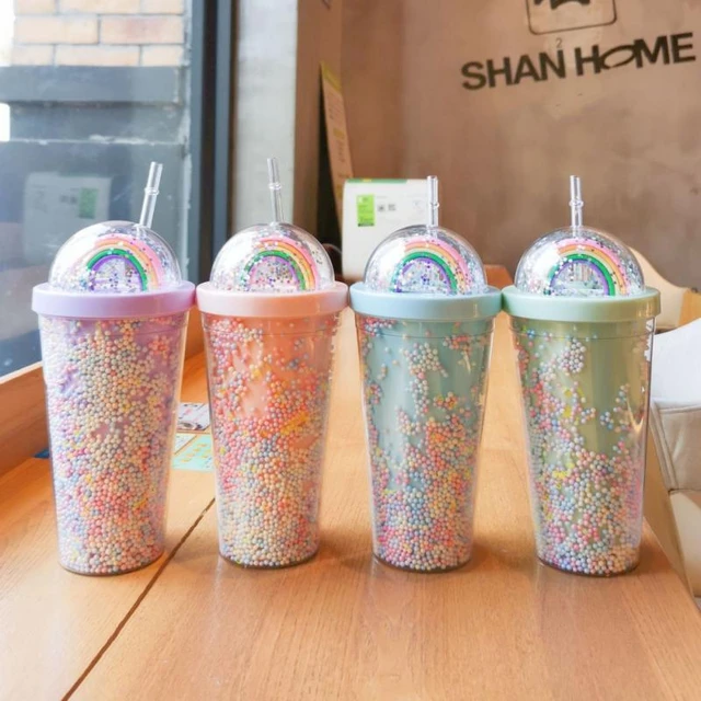 ZUARFY 550ml Creative Rainbow Plastic Water Bottle Double Layer Shiny  Quicksand Sequins Kawaii Drinking Cup with Straw Lid Coffee Juice Tumblers  Mug Drinkware 