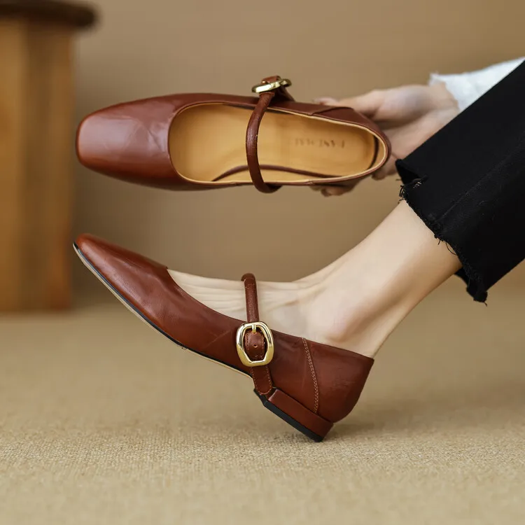 

Vintage Brown Leather Women Flats Square Toe Shallow Espadrilles Black Mary Jeans Spring Single Shoes2024 Lady Moccasins Femmes