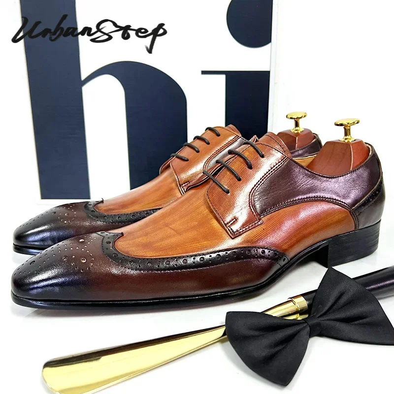 Men Leather Shoes Lace Up Pointed Toe Brogues Oxford for Wedding Office