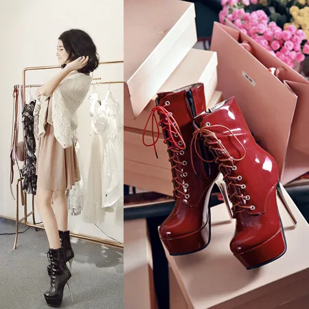 

Lace Up Short Boots for Women's 2024 Autumn/winter New Patent Leather Slim Heels Versatile High Heels Thick-heeled Ladies Boots