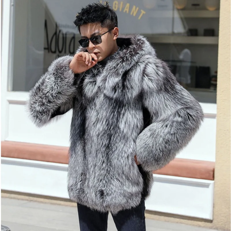Abrigos peludos grises de para hombre, ropa de abrigo cálida de piel de zorro sintética, abrigos con chaquetas con capucha de invierno|Chaquetas| - AliExpress