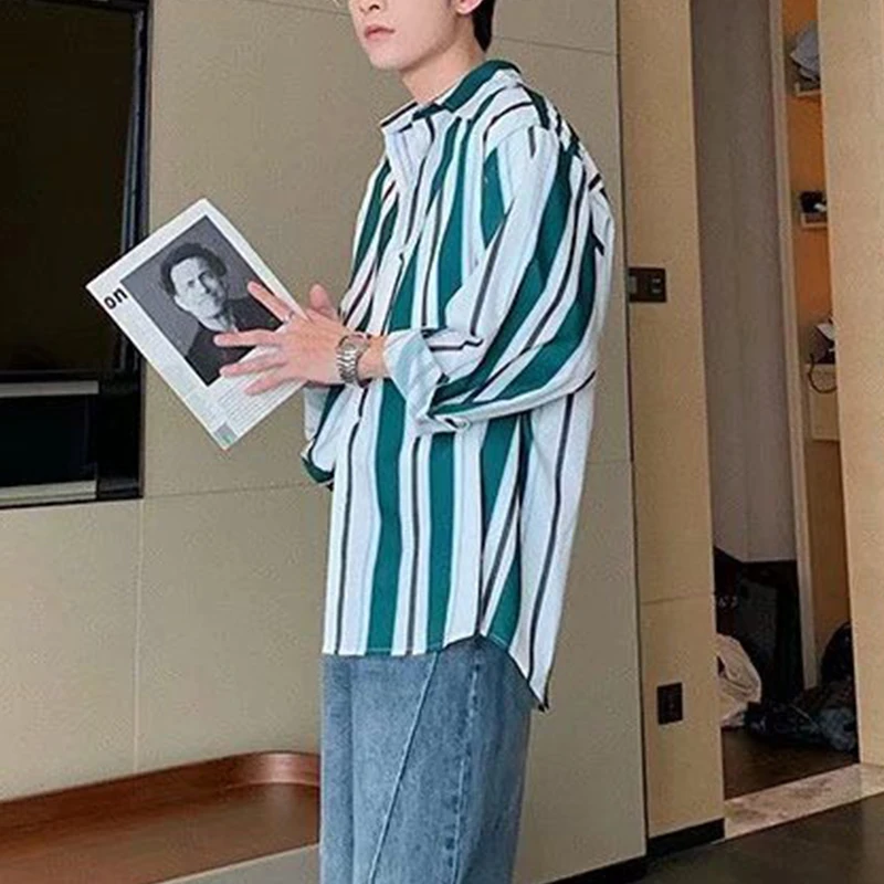 Spring Autumn Vintage Striped Printing Long Sleeve Blouse Male Polo-neck Loose Casual All-match Bottomed Tops Hombre Shirt Men