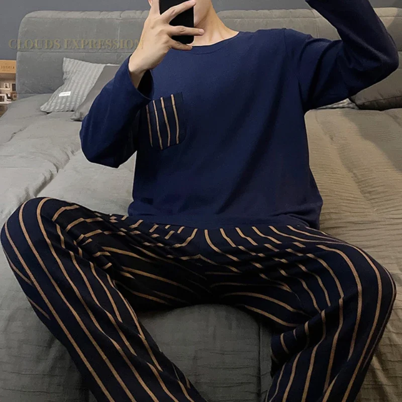 Spring Autumn Knitted Pjs Full-length Men's Pajama Sets Male Pajamas Plaid Loungewear For Masculine Sleepwear Home PJ Clothing