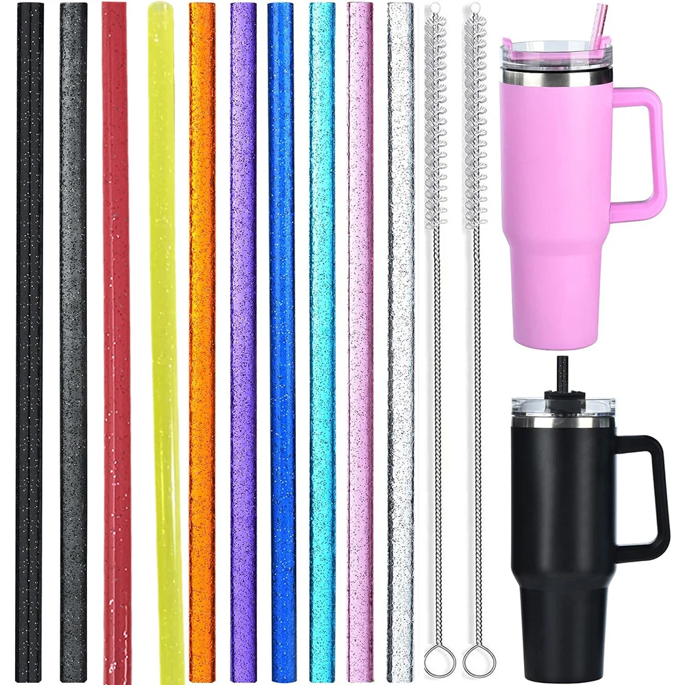 10 Pack Replacement Straws for Stanley 40 oz 30 oz Tumbler 12 in Long Reusable Plastic Glitter 2 Cleaning Brush for Straw reusable plastic straws
