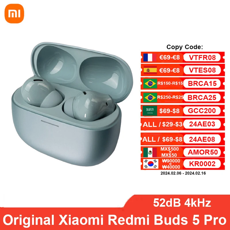 Xiaomi Redmi Buds 5 Pro Bluetooth Earphone TWS 52dB 4kHz True Wireless  Earbuds Noise Cancelling Mic Headphones ANC Headset