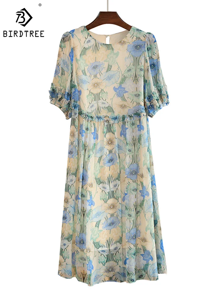 

Birdtree 100%Mulberry Silk Elegant New Dresses Fashion Flower Print Short Sleeve Casual Party Dress For Women Summer D3N226QM