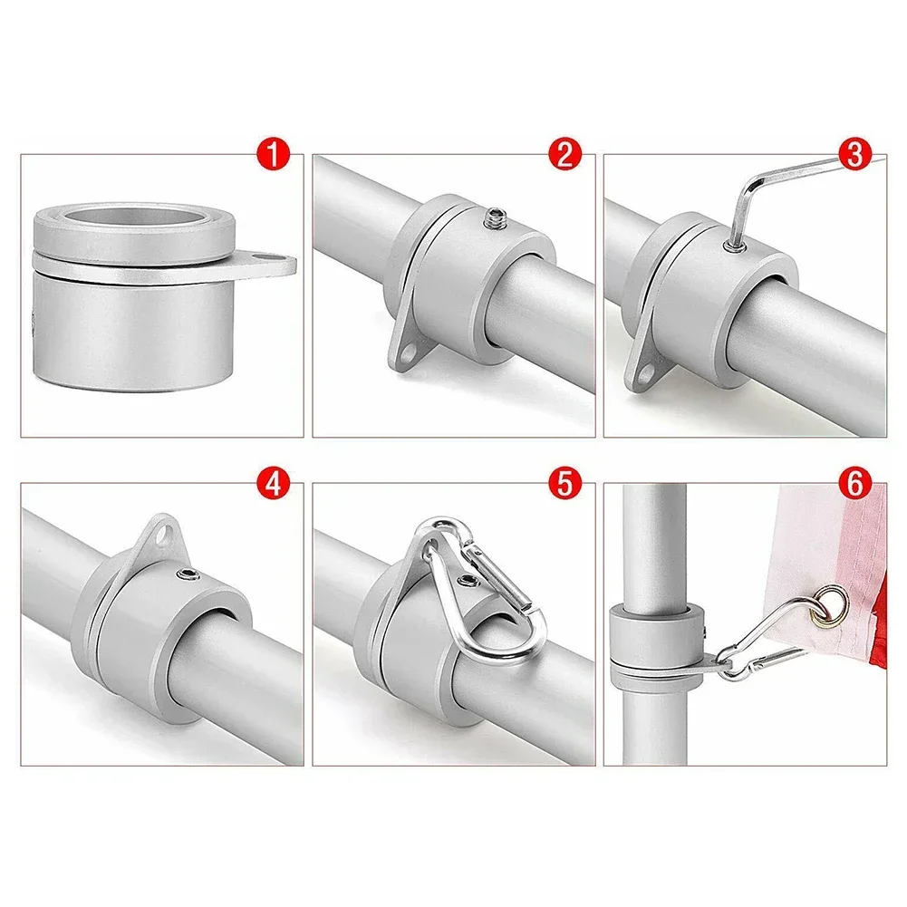 2pcs Aluminum Flag Pole Rings 360 Degree Rotating Flagpole Flag Mounting Rings With Carabiners AntiWrap For 0.75-1.02 Inches