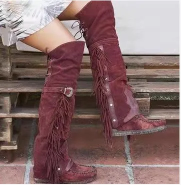 Womens Boots Burgundy Flat Knee High Boots Trendy Cowboy Boots