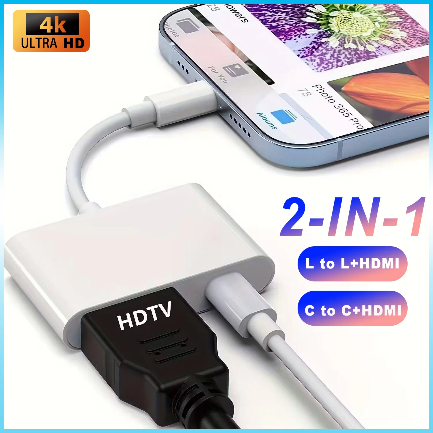 usb port adaptor 2-IN-1 USB C L to HDMI adapter for iPhone 15 pro Type C digital AV adapter 4K sync screen connector for iPhone to HDTV projector
