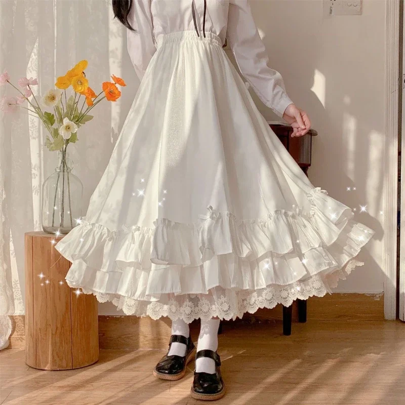 Japanese Solid Color Double Layer Vintage French Ruffled A-line Skirt Hepburn Style Black White Half Skirt Female Long Skirts