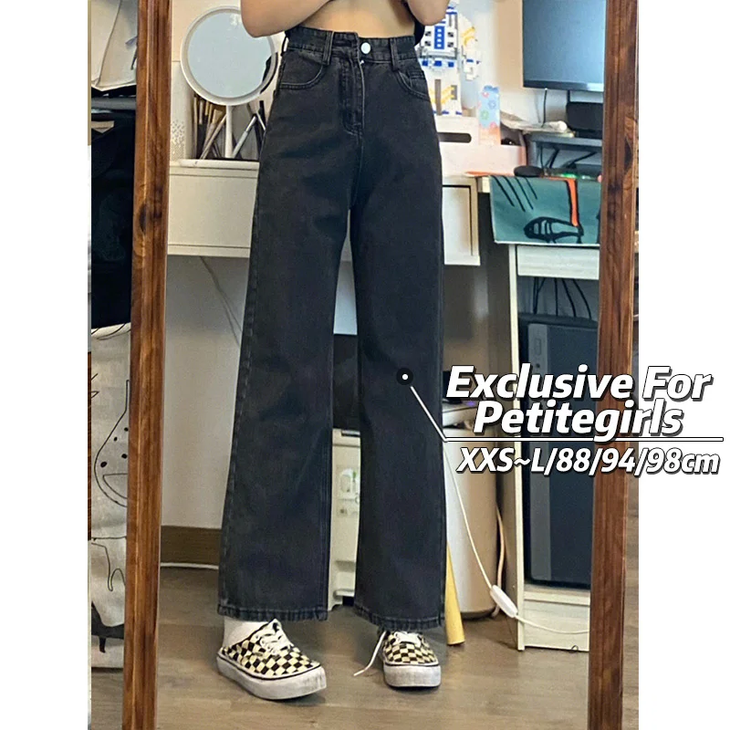 

150cm Petite Small Girls Vintage Jeans Women High Waist Straight Leg Denim Trouser Wide Leg Plush Pants Cropped Length Autumn