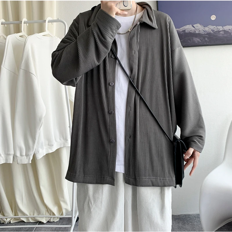 

Korean Neutral Style Shirts Men Loose Solid Color Long Sleeved Coat Pleated Sense Blouses Autumn Harajuku Street Lapel Shirt