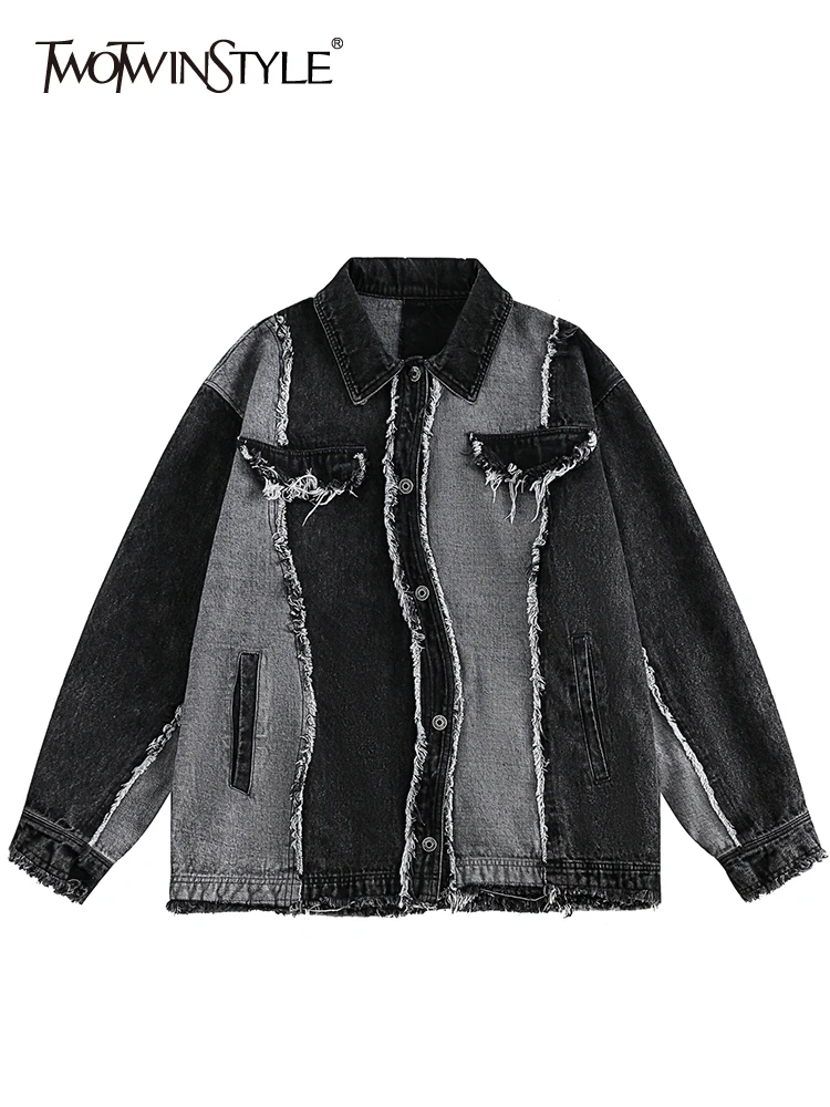 

TWOTWINSTYLE Patchwork Single Breasted Denim Jackets For Women Lapel Long Sleeve Casual Loose Jacket Female Fashion Clothing New