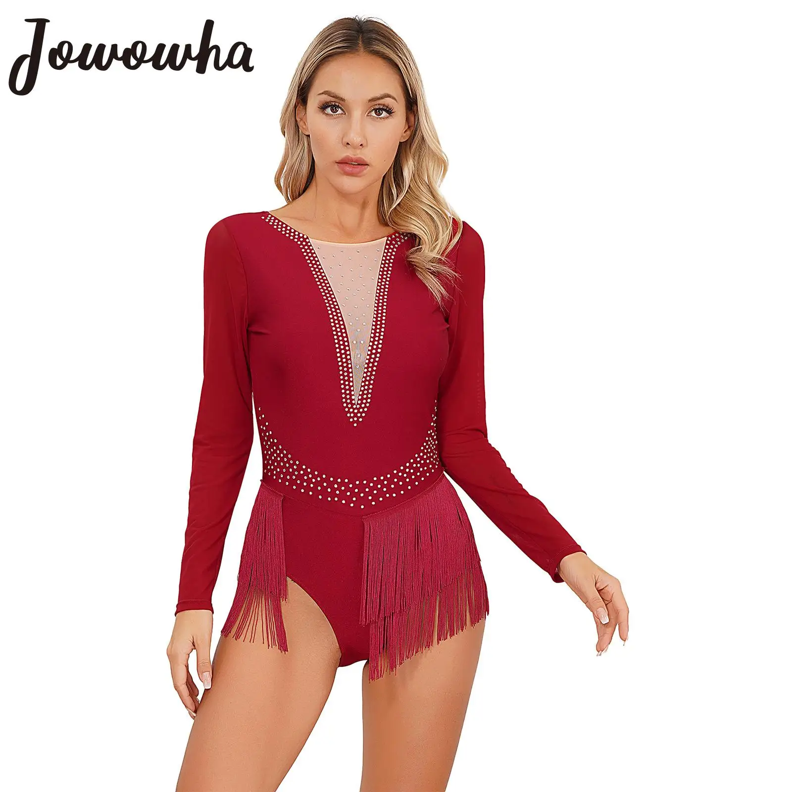 

Womens Latin Dance Costume Figure Skating Ballet Gymnastics Leotards Long Sleeve Rhinestones Mesh Tassel Tango Samba Bodysuit