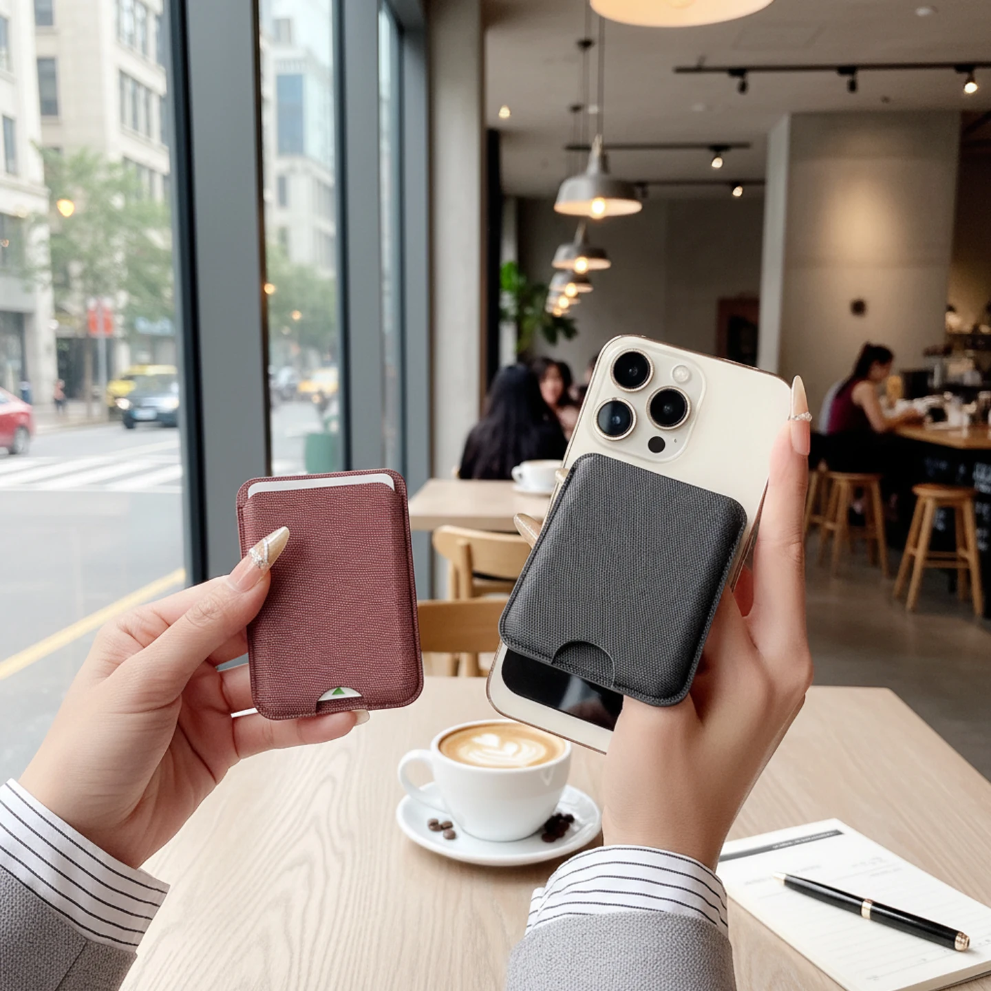 Magnetic Card Holder Wallet Clip with Tech Leather & Fabric - Universal Phone Case Stand