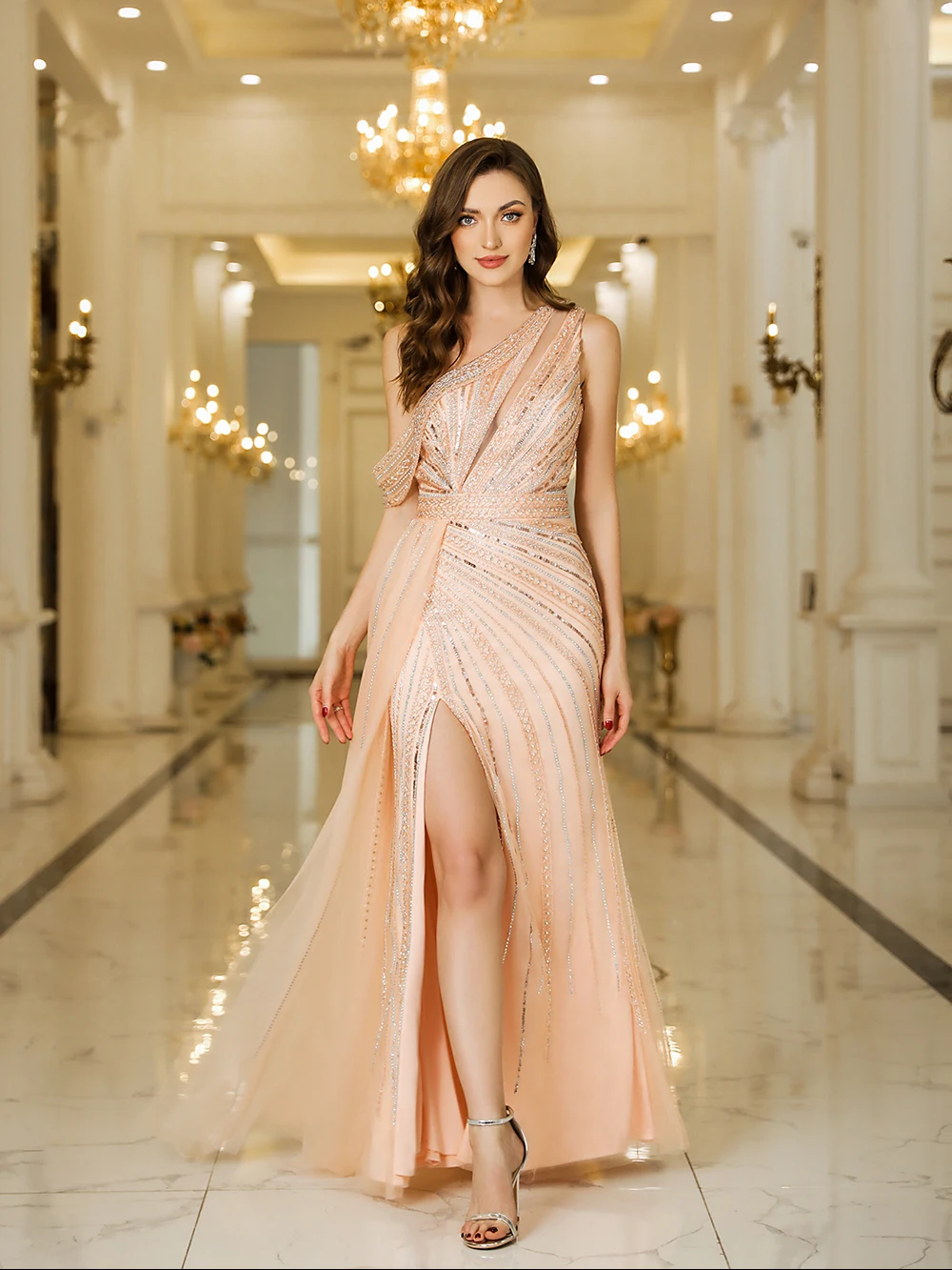 One Shoulder Evening Dresses Luxury Saudi Arabia Beading Sequined High Split Prom Formal Occasion Party Gowns Vestido De Fiesta