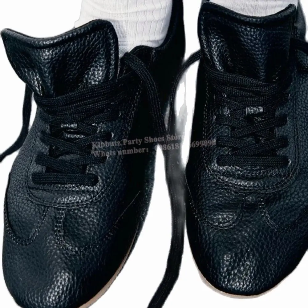 

Genuine Leather Sneakers Pointed Toe Flat With Lace-Up Solid Color Black Fashion Outdoor Comfortable Novelty Women Shoes Newest