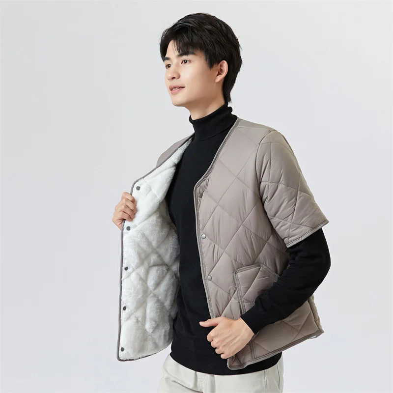 Winter Men's Cotton Jacket Short Sleeve Plush Warm Home Cotton Clothes Solid Color Loose Fitting Cardigan Comfortable Tank Top