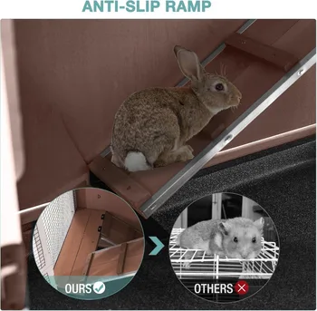 Rabbit Hutch Indoor Bunny House Guinea Pig Cage with Sliding Plastic Trays, Wheels & Ramp, Multi-Door Wooden Small Animal Cage 5