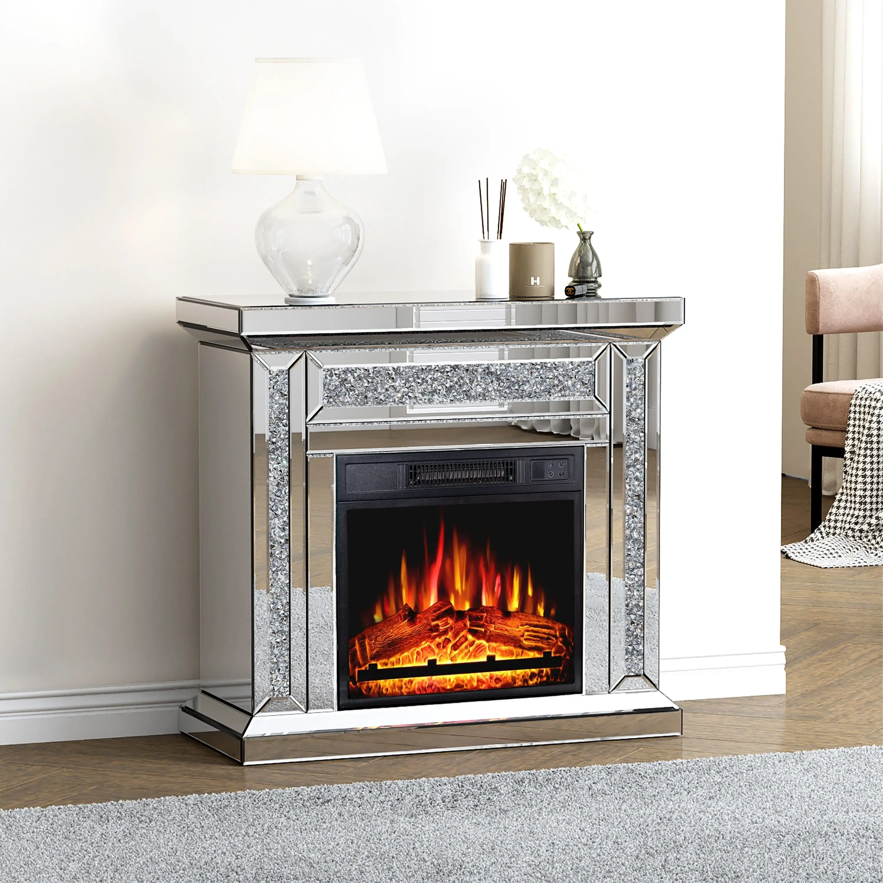 SHYFOY 31.5'' Electric Fireplace with Crushed Diamond Silver Mirror Frame 4