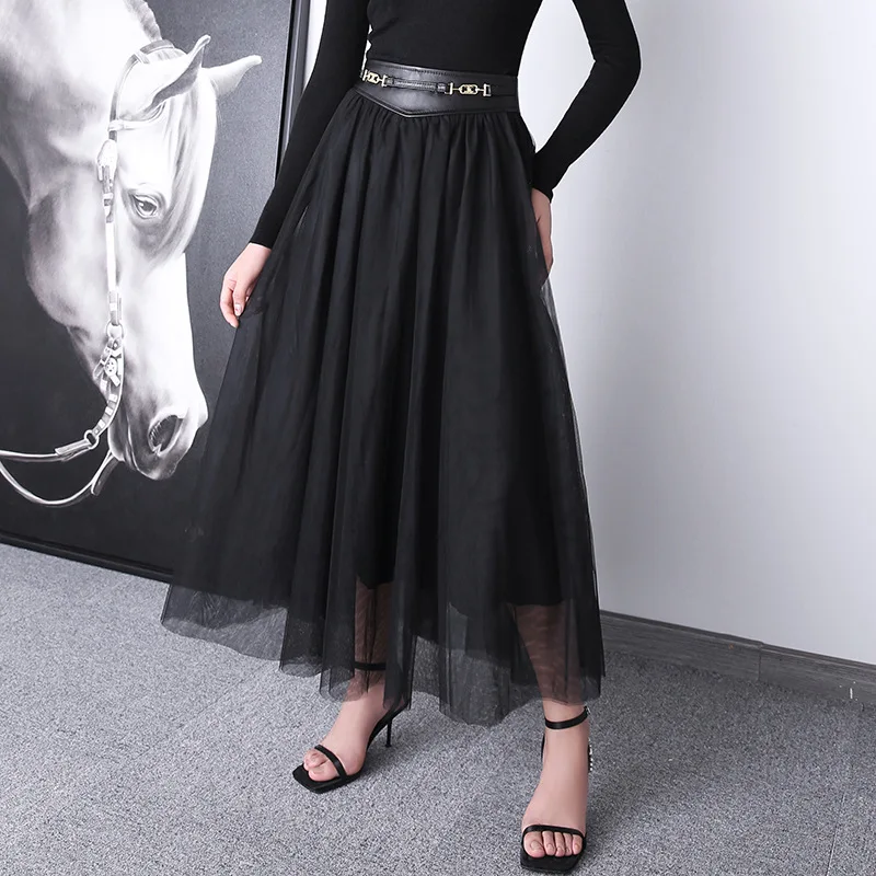 

Women's Summer Skirt Black High Waist Sheepskin Spliced Mesh Umbrella Skirts Korean Fashion Spring Faldas Largas Para Mujer Moda