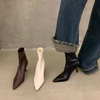 Leisure Ankle Boots Women Shoes Winter Pointed Toe Shoes Woman Thin High Heels Solid Metal Decoration Leather Modern Boots - Image 4