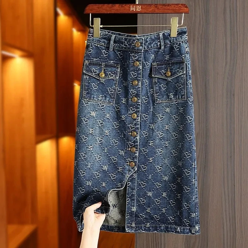 

Spring Love Jacquard Denim Skirt Women Autumn 2023 New Casual Slim Split Buttock Skirt With Pockets Female Long Denim Skirts