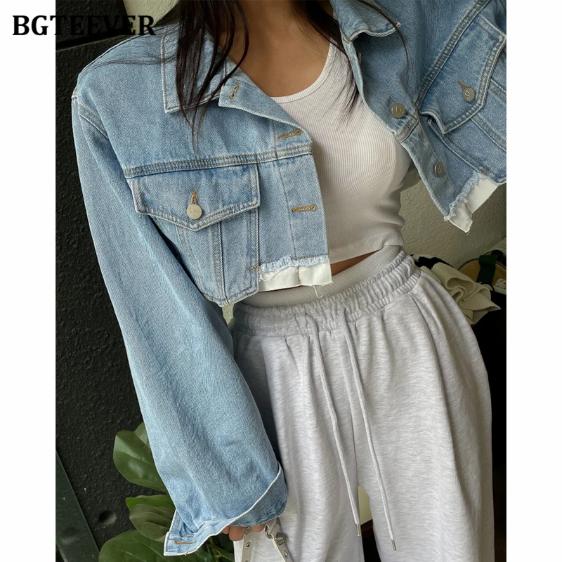 

BGTEEVER Casual Turn-down Collar Loose Female Jeans Coats Spring Long Sleeve Single-breasted Patchwork Women Denim Jackets