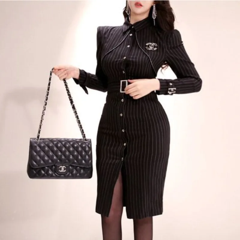

Women's Spring Autumn New Fashion Elegant Button Belt Stripe Style Versatile Long Sleeved Slim Fit Mid Length Wrapped Hip Dress