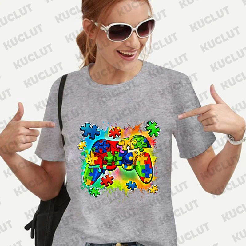 Autism Awareness Video Game Controller T-shirts for Women Autism Awareness Month Shirt Short Sleeve Women Tees Unisex Clothes