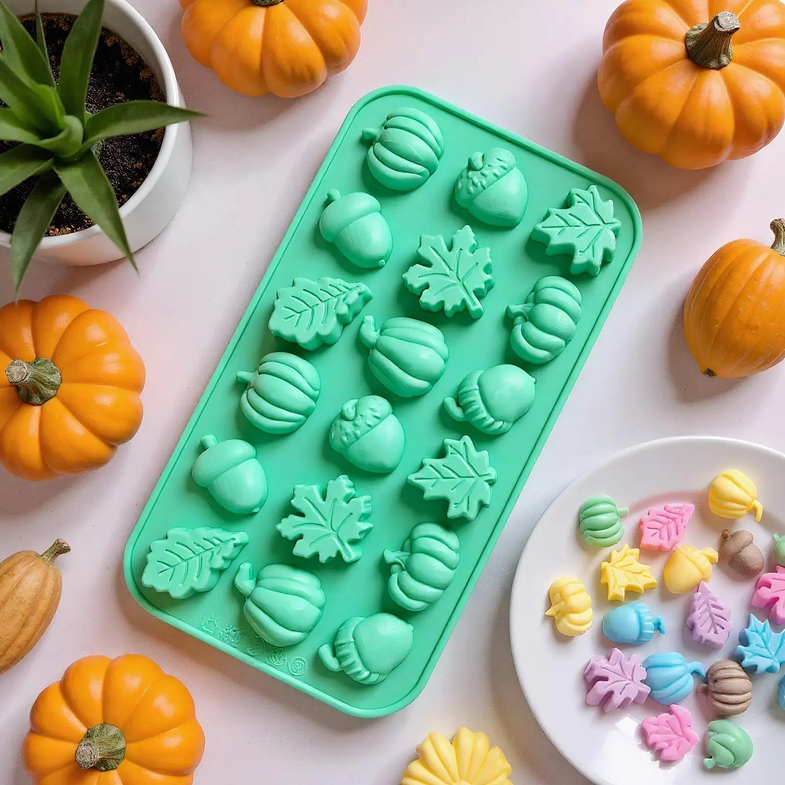 Fall Resin Molds 18-Cavity Candy Pumpkin Pine Cone Maple Leaves Moulds Mini Silicone Non Stick Easy Release Molds for Craft Soap