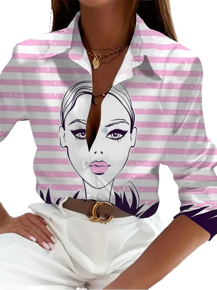 

Женские рубашки и блузки розового цвета с принтом в виде фигурок и полосок, женская рубашка, одежда для отдыха, женские рубашки, удобный топ