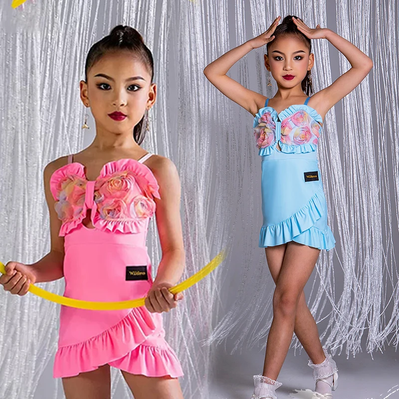 

2023 Latin Dance Dress For Girls Suspender Flower Ruffles Performance Costume Rumba Ballroom Dance Competition Dress DNV17618