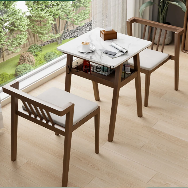 

Zf Balcony Table-Chair Set Solid Wood Stone Plate Tea Making Small Tea Table Table