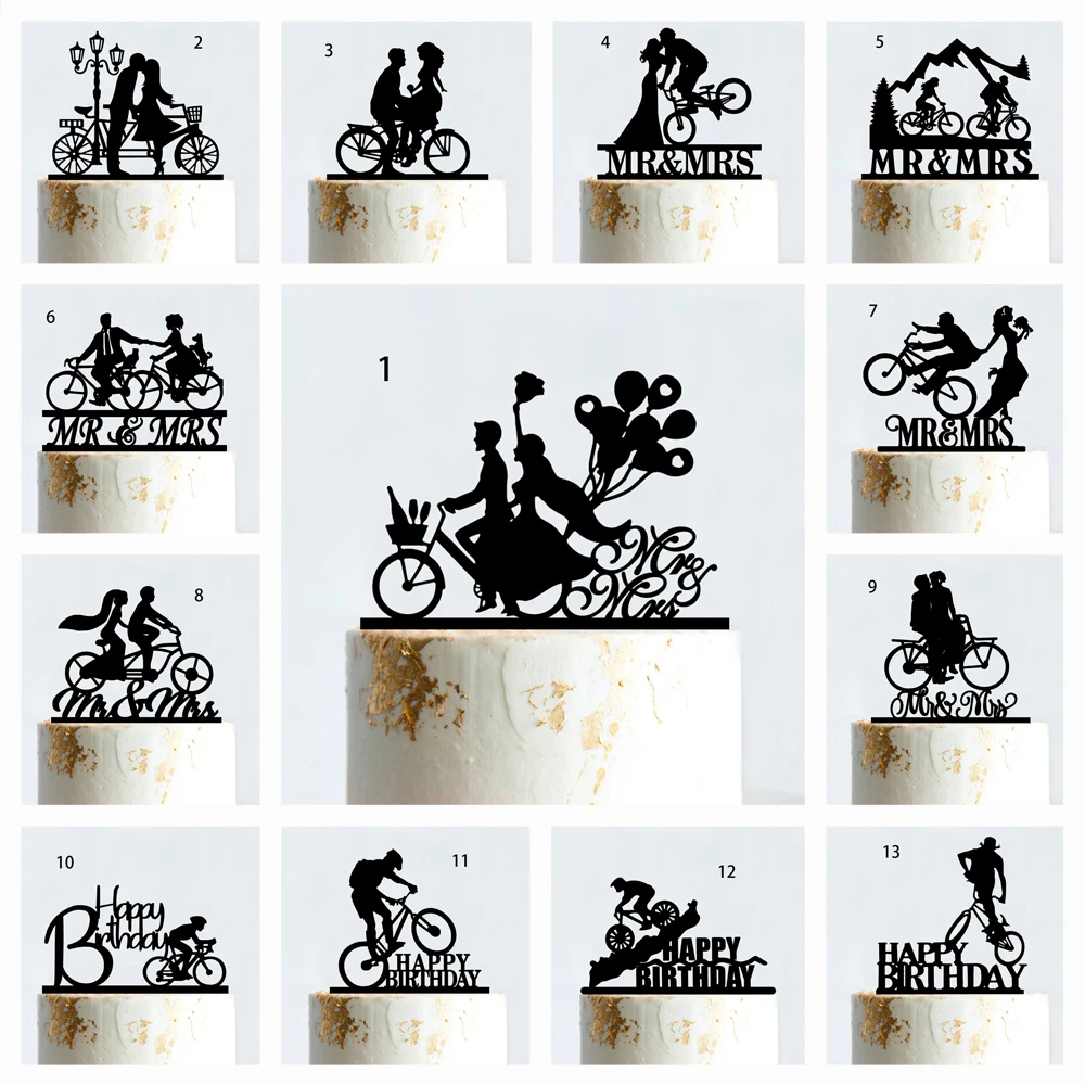 

Велосипедный стиль торт Топпер черный акрил смешные свадебные силуэты мистер и миссис дорожный велосипед велосипедист торт на день рождения принадлежности