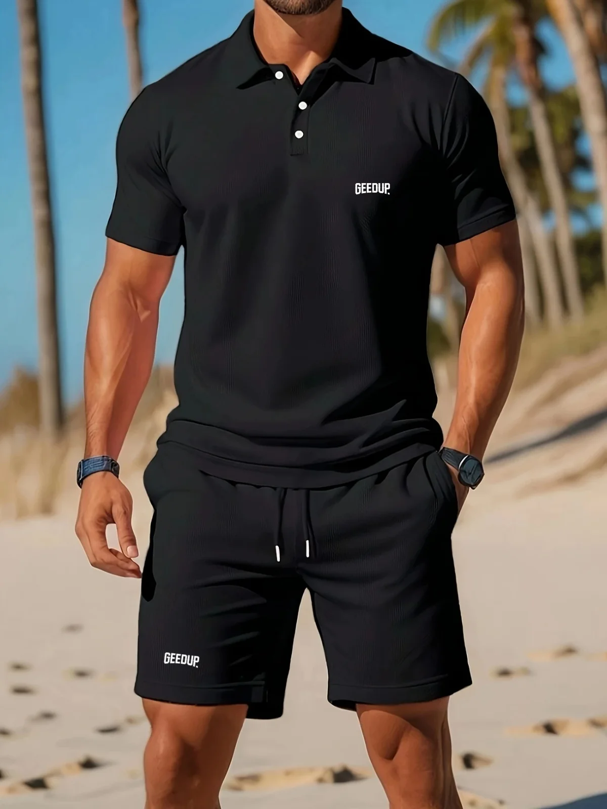2025 Men's New Summer mesh lapel short sleeve and Shorts Casual Set solid color loose beach sports breathable set