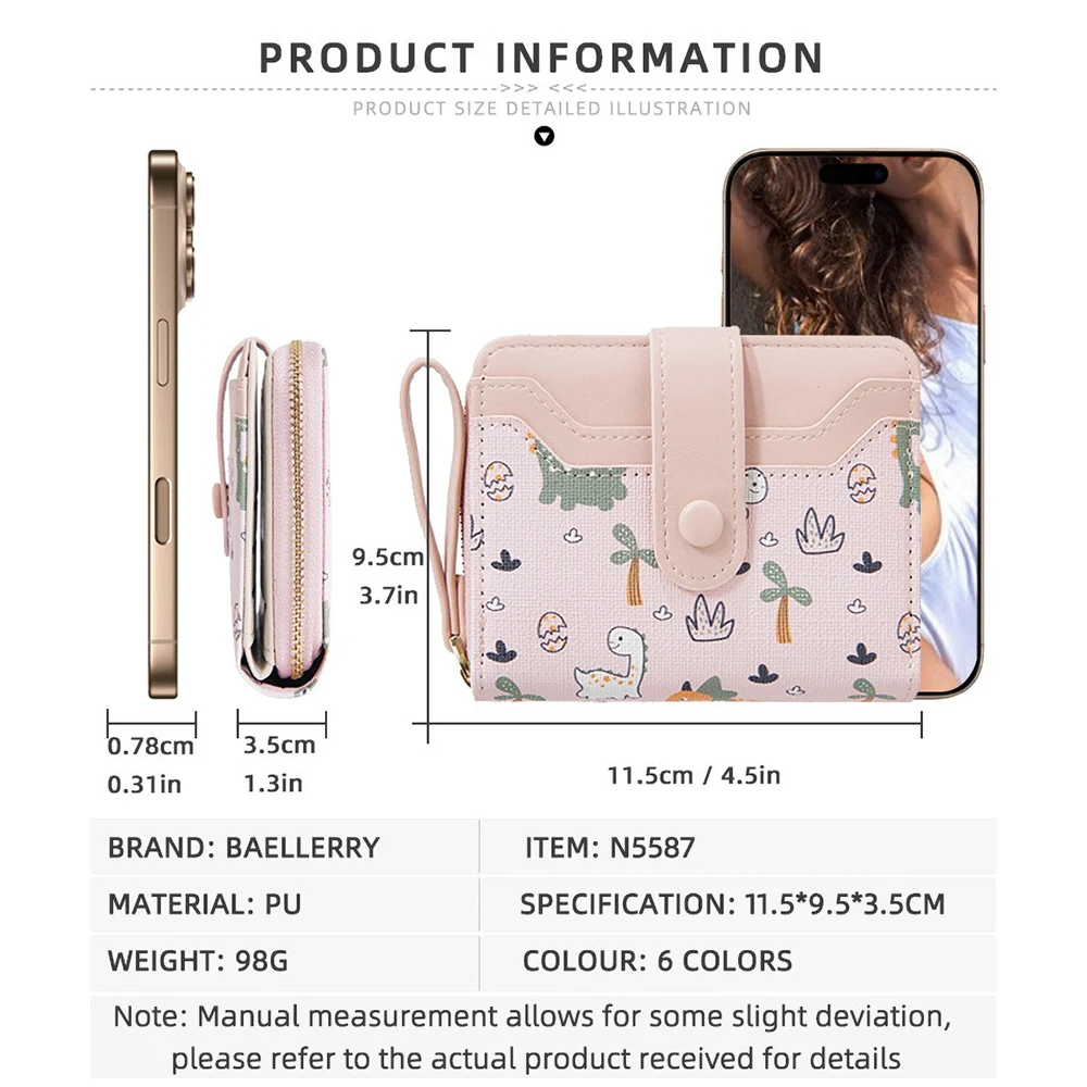 baellerry Cute Dinosaur Print Wallet for Women - Short Snap Button Design with RFID Blocking, 6 Card Slots Slim Compact