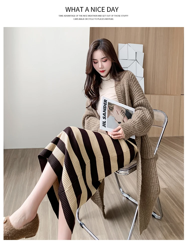 Gonne lunghe lavorate a maglia a righe invernali donna 2023 Fahsion gonna  aderente elastica a vita alta stile coreano Harajuku Falda Sexy Mujer
