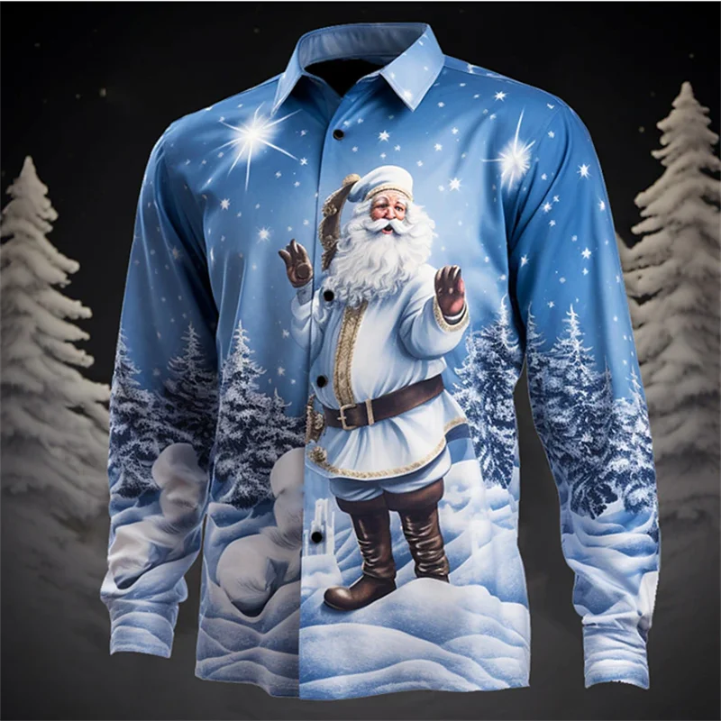 

Santa Claus Casual Men's Shirt Christmas Daily Outing Autumn and Winter Cuffed Long Sleeve Light Blue S-6XL