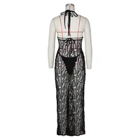 Women 3 Pieces Sexy Beach Bikini Set Backless Hollow Out Hole Knit Long Dress Cover Up+Lace Up Halter Bra Top+Underwear Swimsuit 6