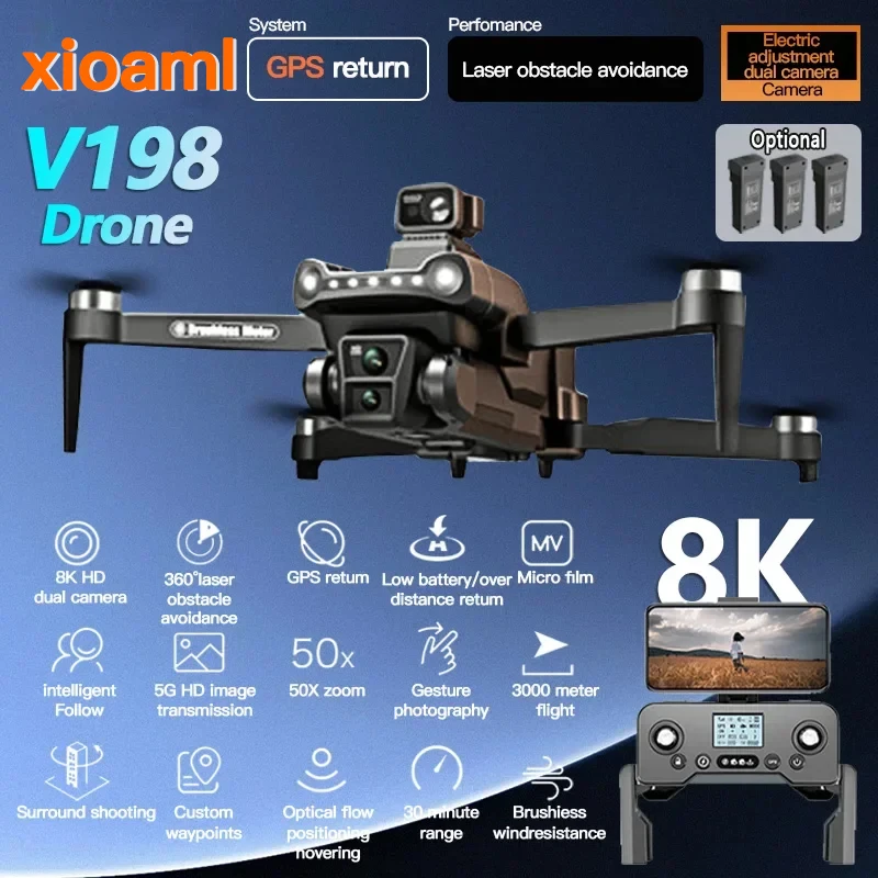Mini Drone For Xiaomi V198GPS Drone 8K Camera Brushless Obstacle Avoidance Aerial Optical Foldable Quadcopter
