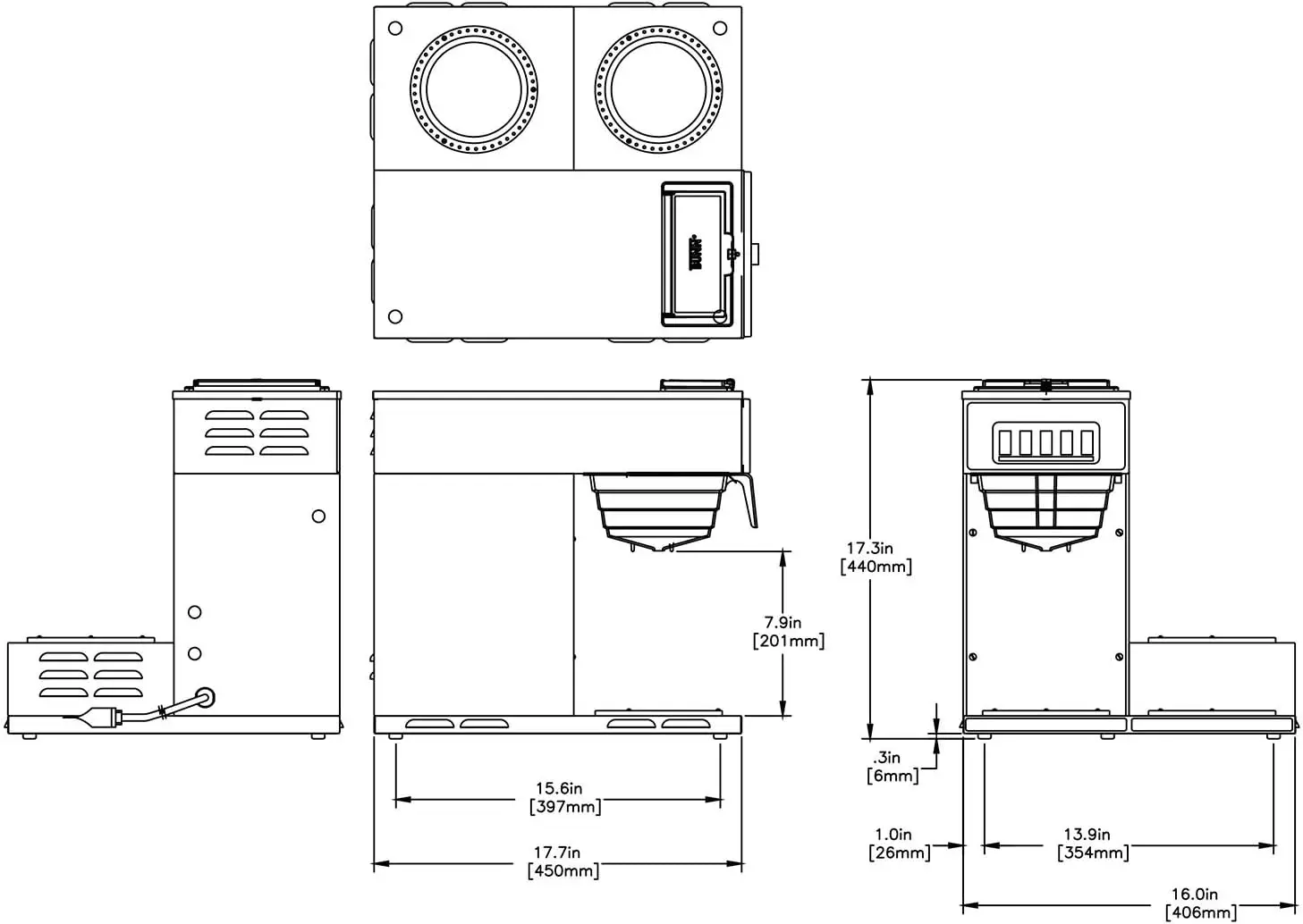 VP17-3 12-Cup Low Profile Pourover Commercial Coffee Maker 3 Lower Warmers 13300.0003 Silver 18.8"D x 16.2"W x 17.3"H