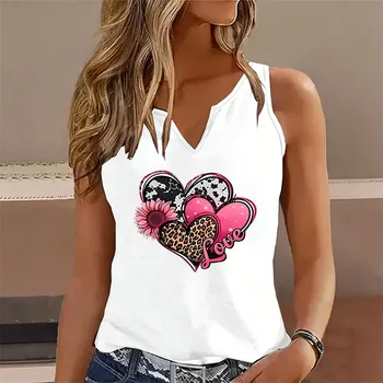 Love Heart Leopard Print Sleeveless Tank Top T-shirt V Neck Casual Fashion Vest T Shirts Women Short Sleeve Tee Shirt V-Neck 1