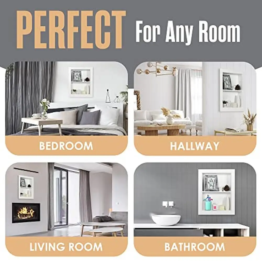 White Wood 2 Tier Recessed Wall Niche Shelves Shelf Insert Modern Contemporary Bathroom Bedroom Kitchen Storage Solution 4