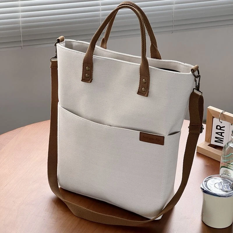 European Style Zipper Commuter Canvas Tote Casual Arts Student White Black Crossbody Bag Large Capacity Single Shoulder Bags